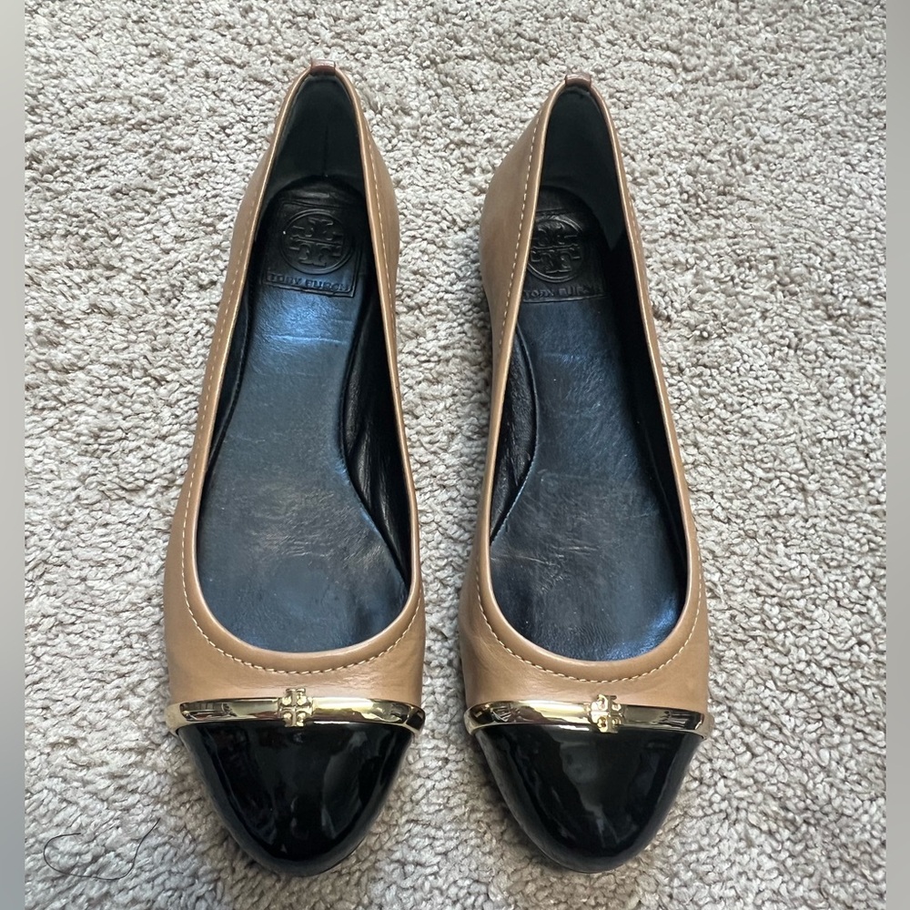 Tory Burch Tan and Black Flats with Gold Accent